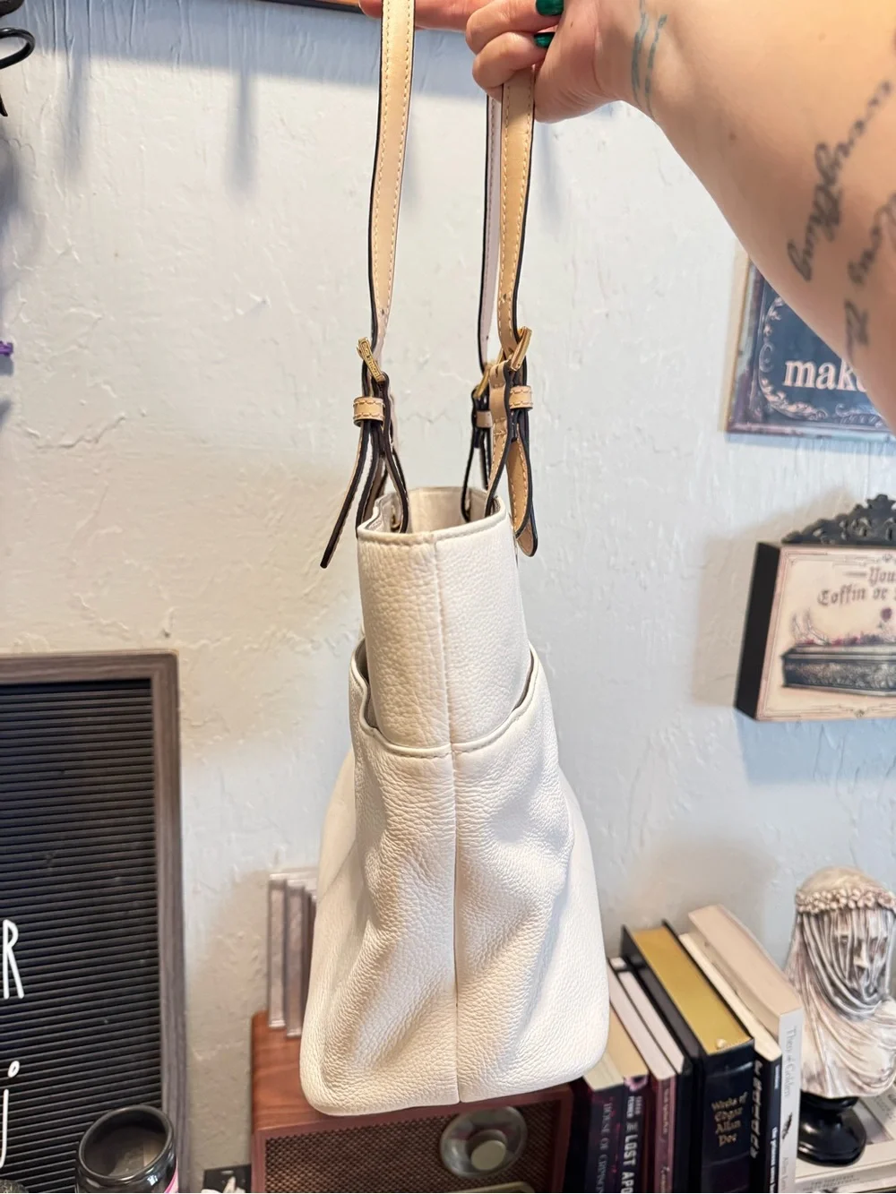 Michael Kors White Leather Bedford Tote with Tan Handles